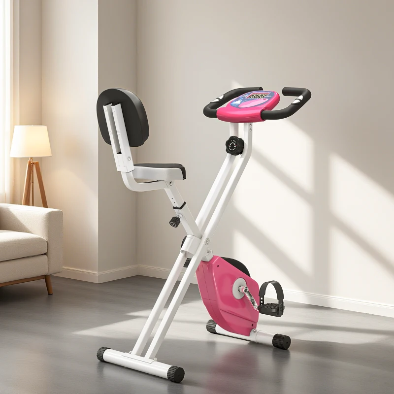 HOMCOM Cyclette Pieghevole da Fitness in Acciaio, Cyclette Magnetica Pieghevole da Casa con Altezza Regolabile, Resistenza Magnetica a 8 Livelli, Schermo LCD, 43x97x109cm, Rosa
