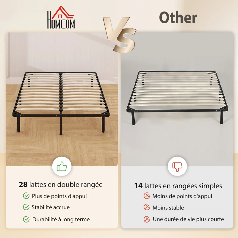 HOMCOM Cadre de lit 140 x 190 cm, lit 2 personnes en bois massif avec sommier à lattes et pied, rangement au-dessous, noir