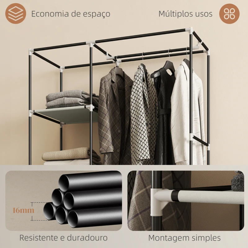 HOMCOM Roupeiro de Tecido Dobrável com 6 Prateleiras 1 Barra de Pendurar e Rodas para Dormitório Vestidor 103x43x162,5 cm Creme