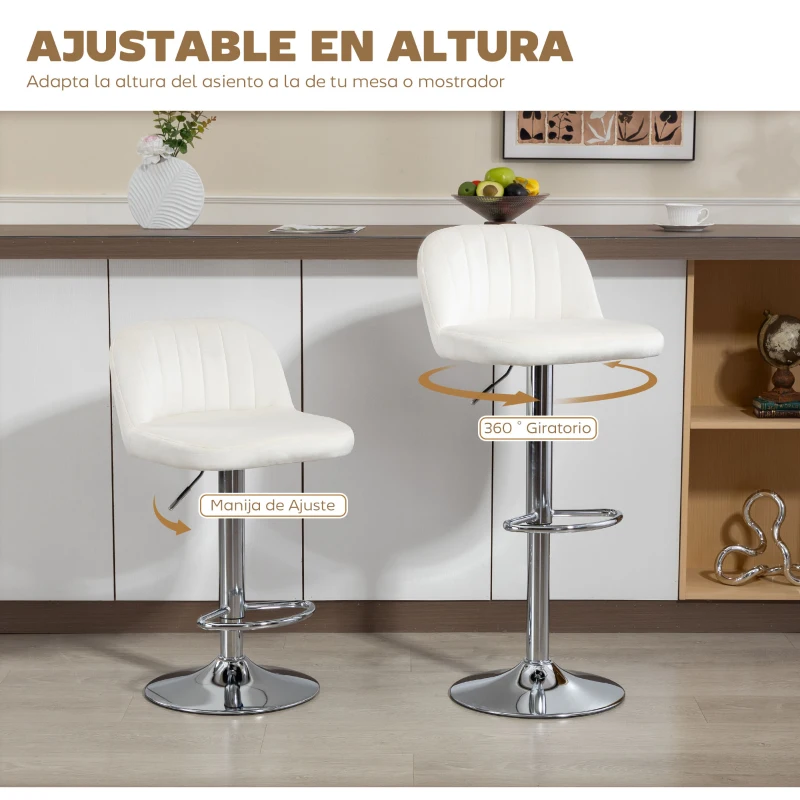 HOMCOM Juego de 2 Taburetes de Bar Taburetes Altos de Cocina con Altura Ajustable Asiento Giratorio 43x45x81-101 cm Crema
