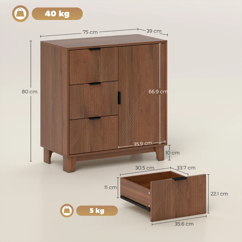 HOMCOM Buffet soggiorno, con anta, 3 cassetti e ripiano regolabile 75 x 39 x 80 cm, Marrone