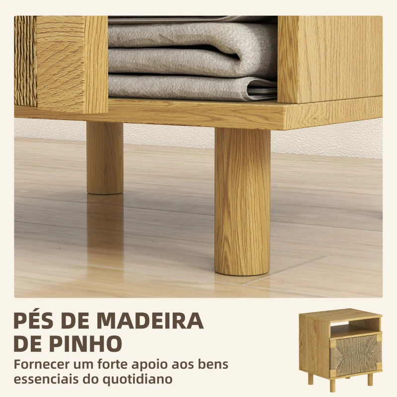 HOMCOM Mesa de Cabeceira Estilo Bohémio com Porta de Corda de Papel Prateleira Aberta e Abertura por Pressão 45x39x50 cm Carvalho