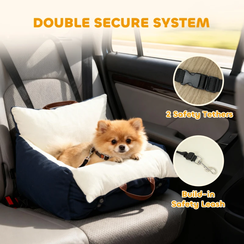 PawHut Dog Car Seat, Cosy Pet Car Booster Seat for Small Dog Under 5 KG, Portable Travel Bed with Safety Belts, Navy Blue