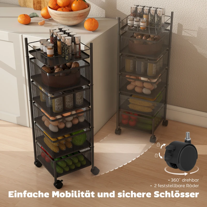 HOMCOM keukenwagen, 5 draaibare manden, 4 zwenkwielen, metalen frame, zwart