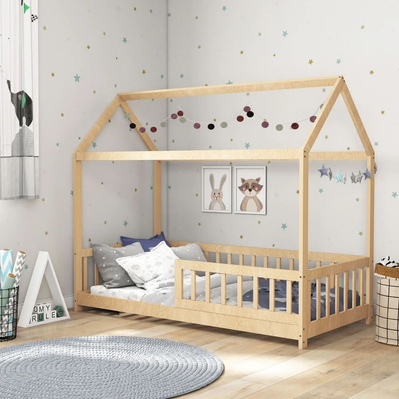 HOMCOM House-Shaped Kids Bed Frame with Guard Rails, Solid Pine Wood Single Bed Frame for Kids Boys and Girls, Natural