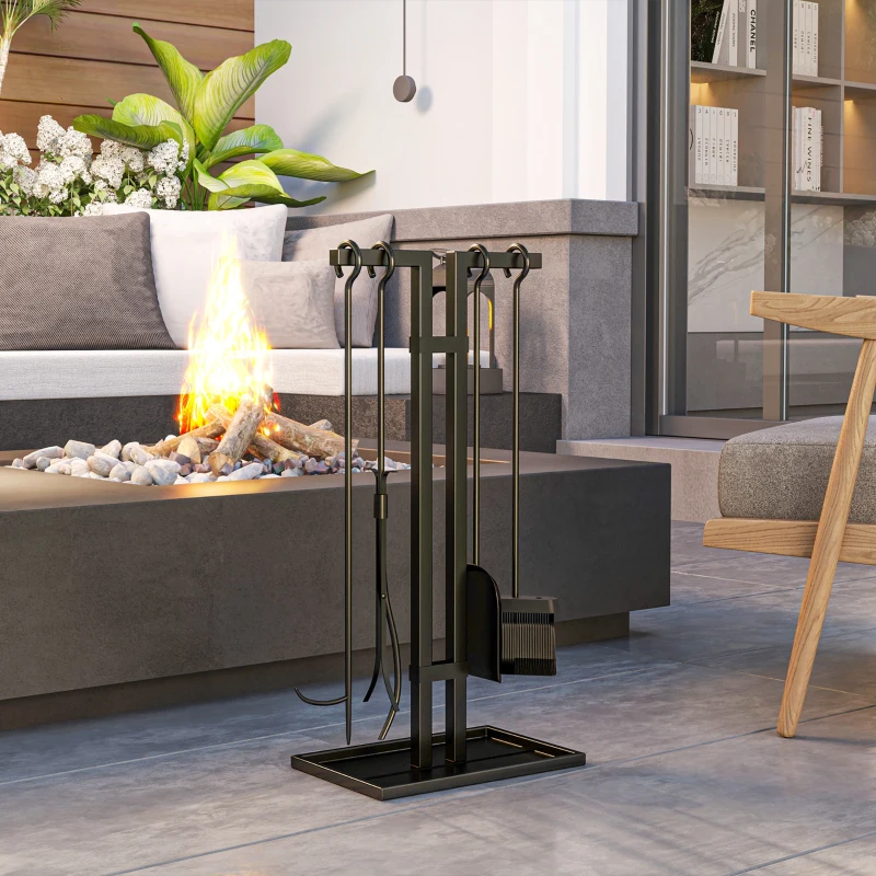 Outsunny Ensemble serviteur de cheminée 5 pièces, outils de cheminée, en métal, balai, pelle, pince, tisonnier et support, noir