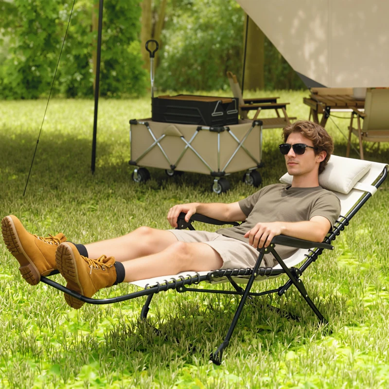 Outsunny Opvouwbare Zonneligstoel Tuinligstoel met Hoofdkussen, 5-standen Verstelbare Rugleuning tot 120 kg Belastbaar Beige