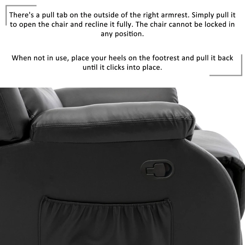 Adjustable Pull‑tab Recliner with Side Storage Pocket, Padded Cushions, High‑back Armchair for the Elderly, 82L x 86W x 99H cm, Black