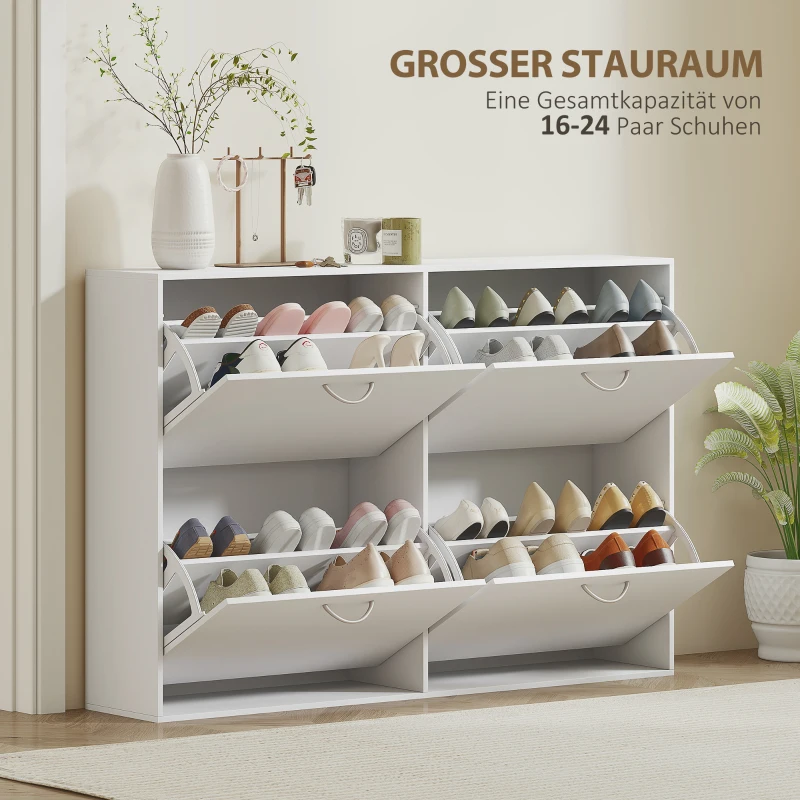 HOMCOM Schuhkipper Schuhschrank Schuhständer Schuhregal mit 4 Klappen 16–24 Paar Weiß 120 x 24 x 81 cm