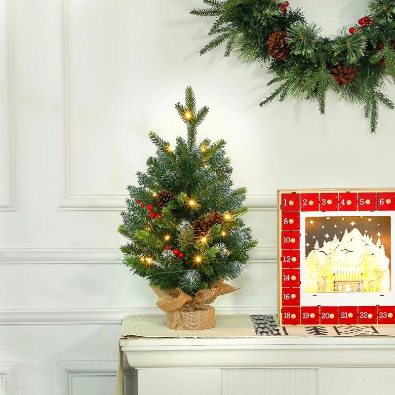 HOMCOM Sapin de Noël 60 cm arbre de Noël de table avec lumière LED, 141 pointes, pommes de pin et baies rouges, base en béton