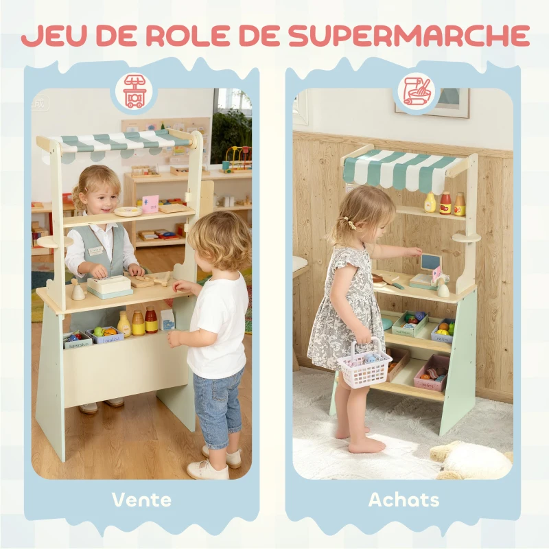 AIYAPLAY Supermarché pour enfant 34 pcs, marchande en bois, tableau noir, caisse enregistreuse et accessoires, 40x30x92,5cm, vert(m-4)