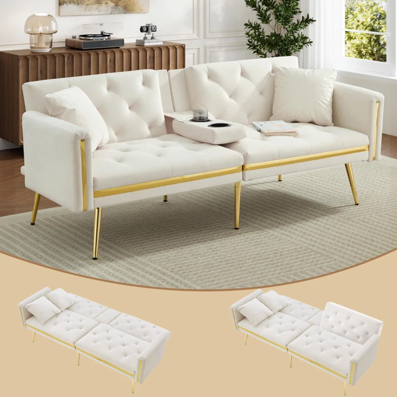 Two-seater Sofa Bed with 3-Position Adjustable Backrest, Concealed Cup Holders, Daybed for Compact Room, 174L x 76W x 71.5H cm, White