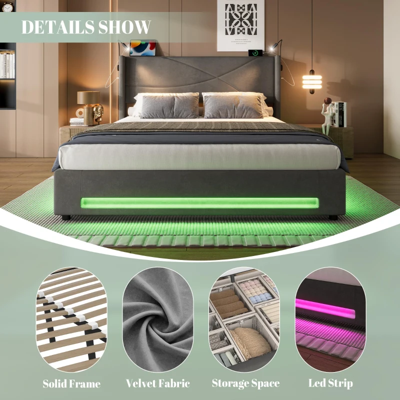 Modern Storage Bed Frame with Integrated Reading Lamps, Bed Base with USB and Type-C Charging Ports, 199L x 142W x 106H cm, Dark Gray