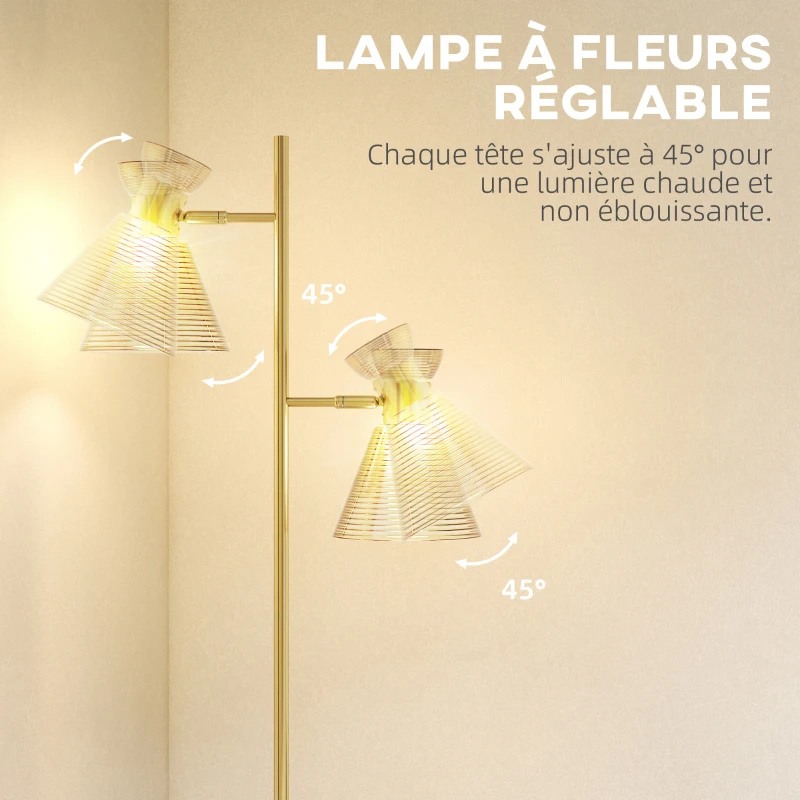 HOMCOM Lampadaire sur pied salon à double tête réglable, lampe sur pied, abat-jour en verre floral, 42 x 25 x 165 cm, doré