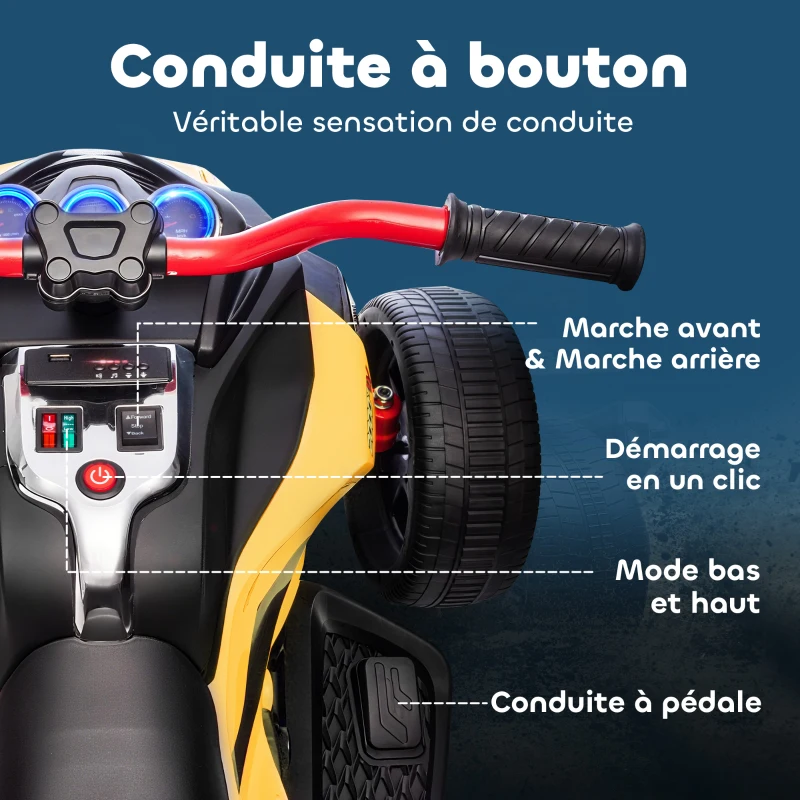 AIYAPLAY Quad électrique enfants voiture électrique enfants 12V 3 roues 2 moteurs lecteur MP3, klaxon, 2 vitesses 3-5 km/h jaune