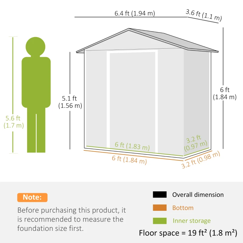 Outsunny 6.5ft x 3.5ft Metal Garden Storage Shed for Outdoor Tool Storage with Double Sliding Doors and 4 Vents, Green