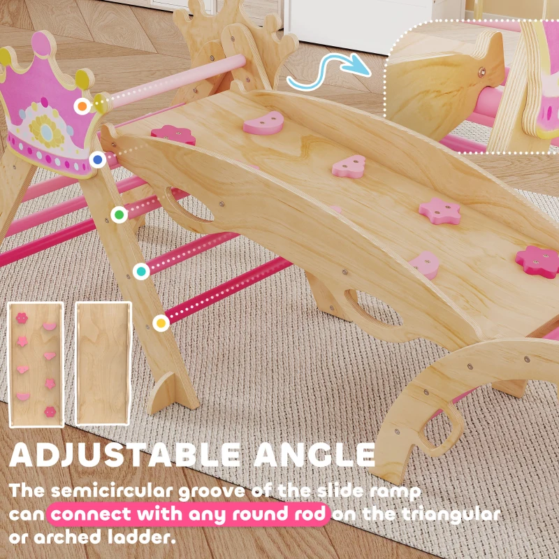 AIYAPLAY 8-in-1 indoor klimrek voor kinderen, prinsessenontwerp, glijbaan, helling, boog, hout