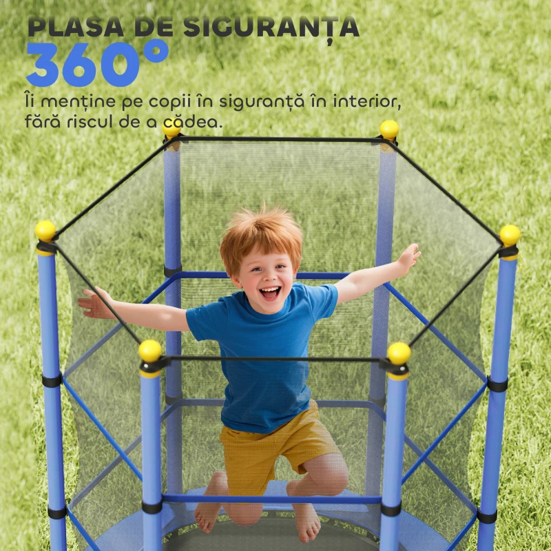 HOMCOM Trambolină Elastică pentru Copii cu Plasă de Siguranță și Țevi Căptușite, Vârstă 3-10 Ani, Ø140x190 cm, Albastru