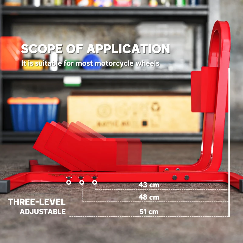 HOMCOM Metal Motorcycle Motorbike Wheel Chock Locking Stand System 17", 19", 21"/43, 48, 51 cm Front Wheels Steel Adjustable Fixing Tyre Holder Support