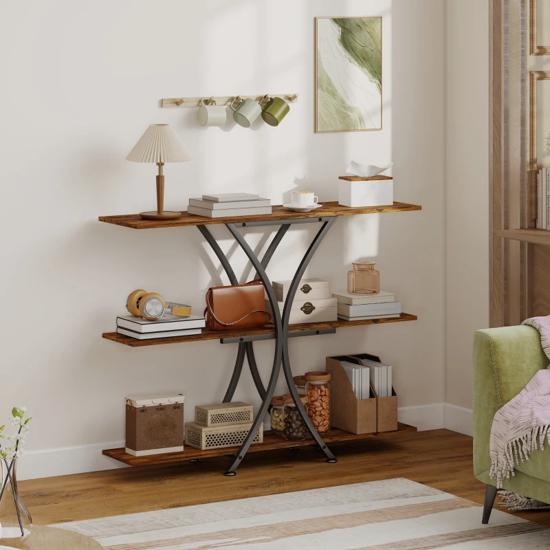 HOMCOM Mesa Consola de 3 Níveis Estilo Industrial com 2 Prateleiras Abertas e Estrutura Metálica em X Consola Estreita 110x30x91 cm Castanho Rústico