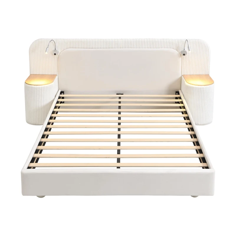 Upholstered 4ft6 Double Bed with Built‑in Bedside Reading Light, Matching Bedside Table, Sleeper for Living Room, 205L x 91W x 200.5H cm, Beige