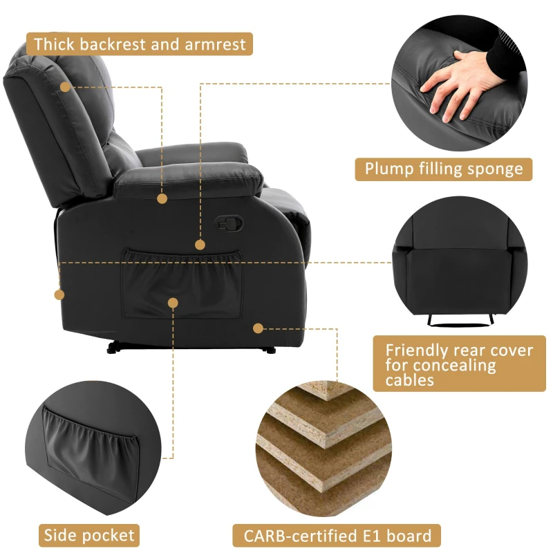 Adjustable Pull‑tab Recliner with Side Storage Pocket, Padded Cushions, High‑back Armchair for the Elderly, 82L x 86W x 99H cm, Black