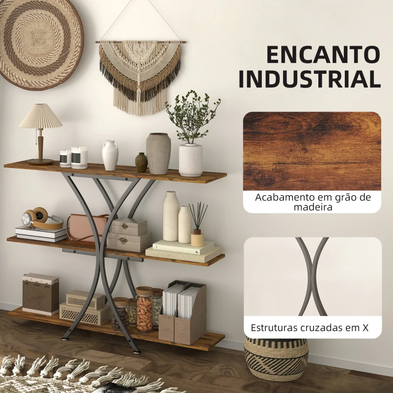 HOMCOM Mesa Consola de 3 Níveis Estilo Industrial com 2 Prateleiras Abertas e Estrutura Metálica em X Consola Estreita 110x30x91 cm Castanho Rústico