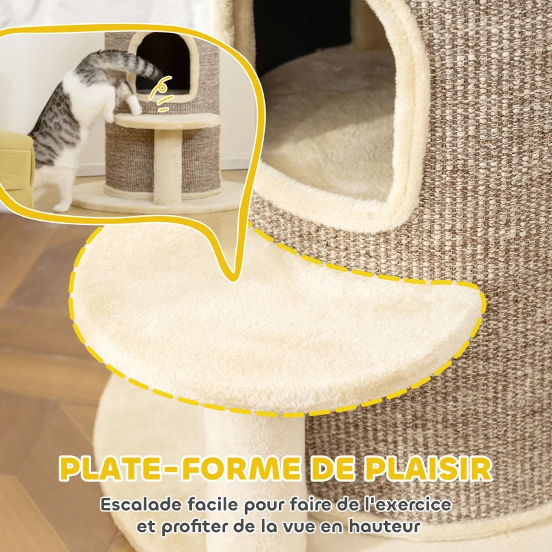 PawHut Tonneau à gratter tour à griffer pour chat 2 niveaux avec plate-forme parfait pour griffes & jeu 60 x 60 x 61 cm beige