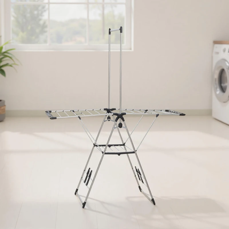 HOMCOM Étendoir pliable séchoir sur pied avec ailes réglables, porte-chaussures, acier inoxydable, 156,5 x 68 x 192 cm, argent