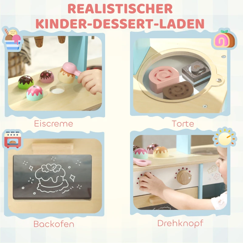 AIYAPLAY Eisladen und Bäckerei für Kinder, 17 Zubehörteile, Ofen, MDF, Hellblau