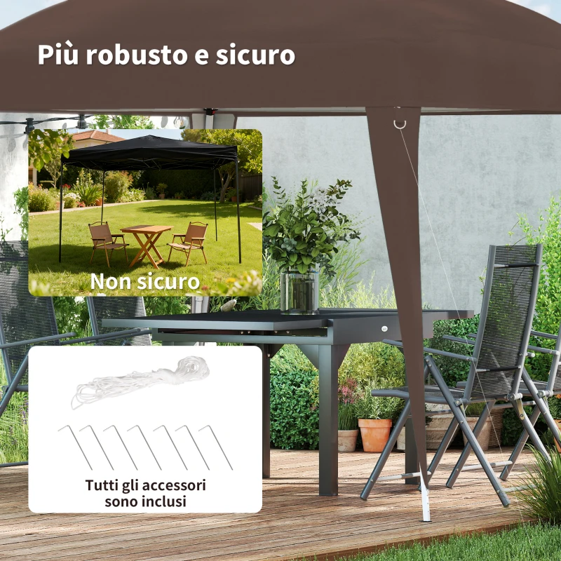 Outsunny Gazebo Pieghevole da Giardino 2.4x2.4m con Struttura in Acciaio e Corde Antivento, Caffè