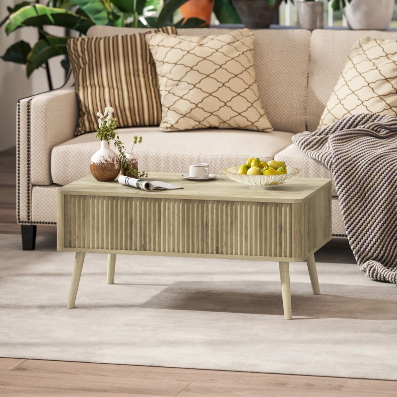 HOMCOM Table basse relevable, table de salon avec 2 compartiments cachés et pieds en pin, 91 x 56 x 43 cm, chêne