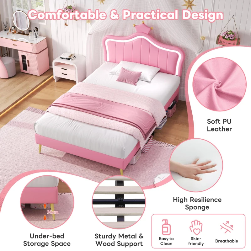 3ft Single Upholstered Bed with Adjustable Crown Headboard, PU Leather Platform, Bed Base for Living Room, 194L x 103W x 125H cm, Pink