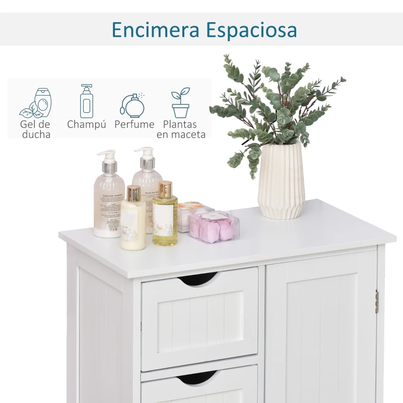 kleankin Armario Auxiliar de Baño Mueble para Baño con Puerta 4 Cajones y Estante Ajustable para Cocina Salón 56x30x83 cm Blanco