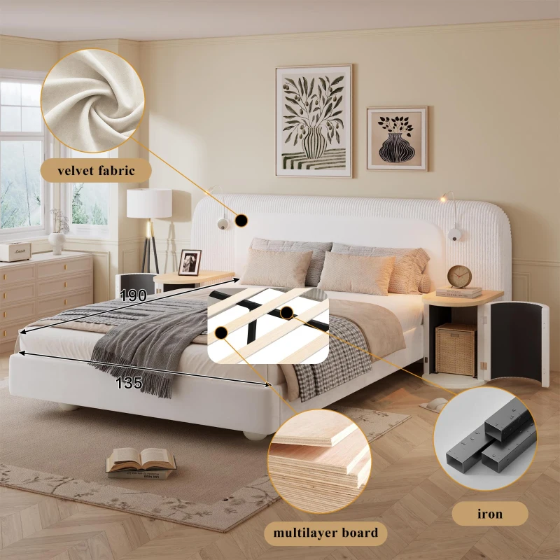 Upholstered 4ft6 Double Bed with Built‑in Bedside Reading Light, Matching Bedside Table, Sleeper for Living Room, 205L x 91W x 200.5H cm, Beige