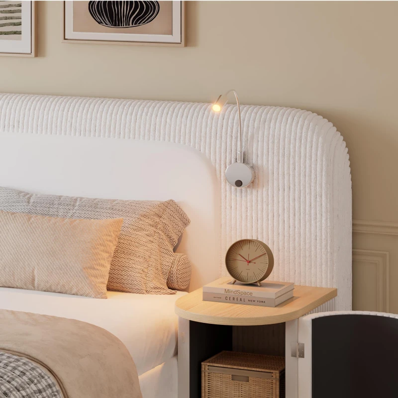 Upholstered 4ft6 Double Bed with Built‑in Bedside Reading Light, Matching Bedside Table, Sleeper for Living Room, 205L x 91W x 200.5H cm, Beige