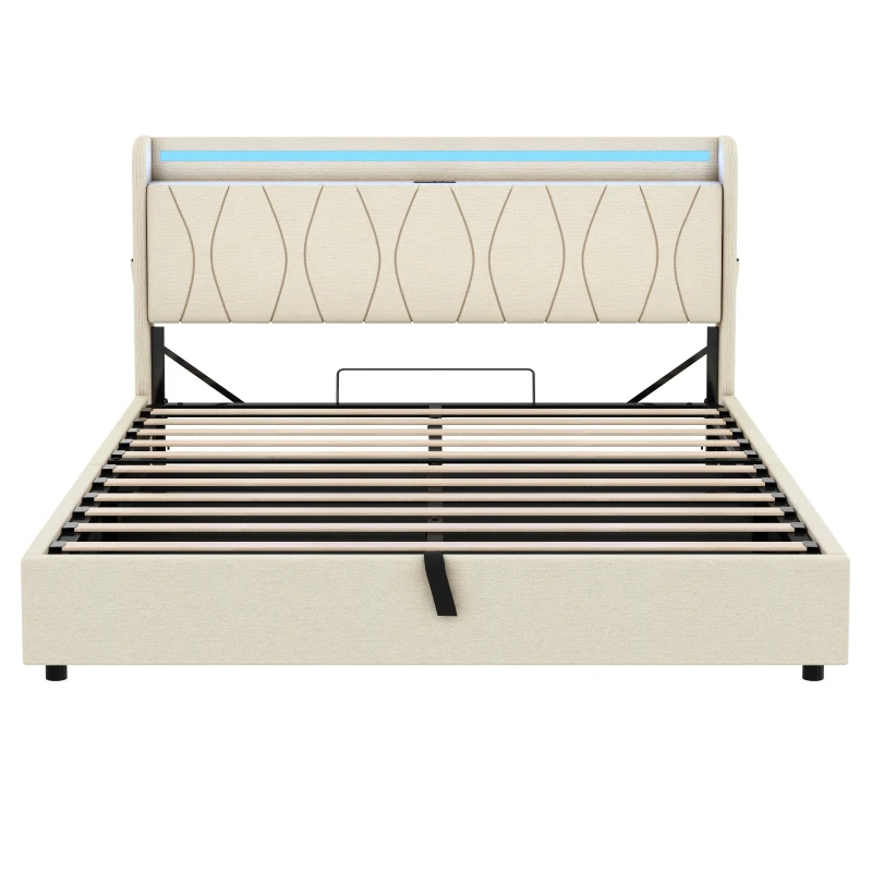 5ft King Upholstered Bed Frame with Hydraulic Storage and Charging Station, RGB LED Bed Base for Living Room, 220L x 155W x 105H cm, Beige