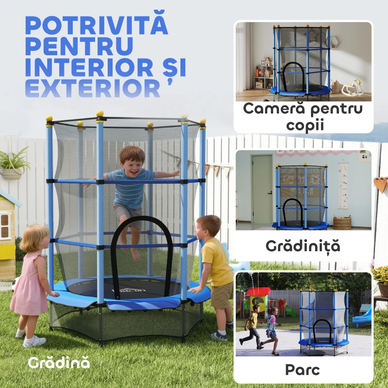 HOMCOM Trambolină Elastică pentru Copii cu Plasă de Siguranță și Țevi Căptușite, Vârstă 3-10 Ani, Ø140x190 cm, Albastru