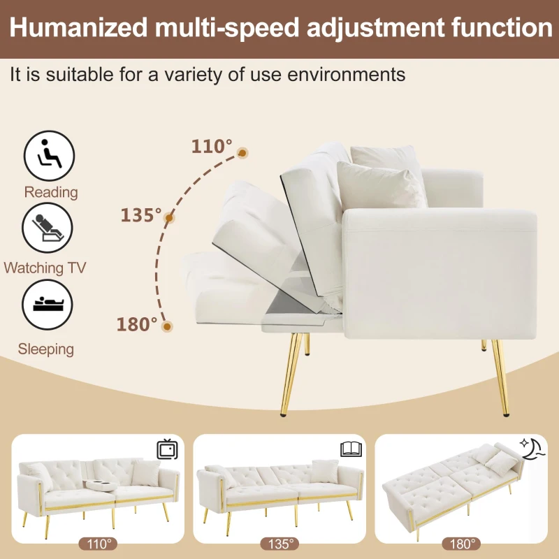 Two-seater Sofa Bed with 3-Position Adjustable Backrest, Concealed Cup Holders, Daybed for Compact Room, 174L x 76W x 71.5H cm, White