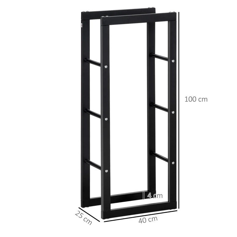HOMCOM Soporte para Leña de Metal Estante de Leña Leñero de Exterior para Interior y Exterior Carga 100 kg 40x25x100 cm Negro