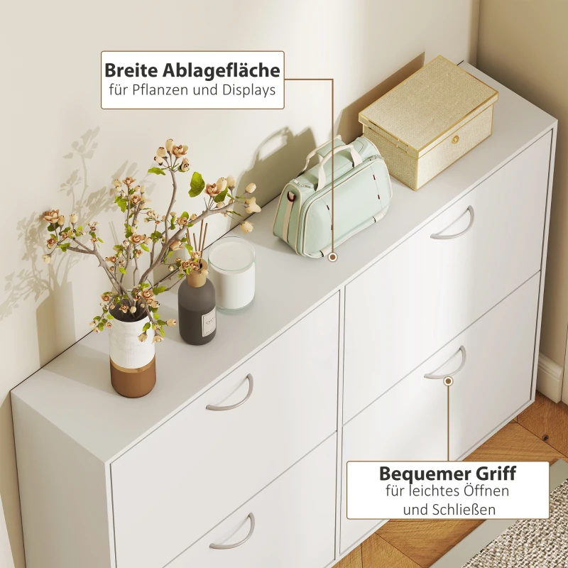 HOMCOM Schuhkipper Schuhschrank Schuhständer Schuhregal mit 4 Klappen 16–24 Paar Weiß 120 x 24 x 81 cm