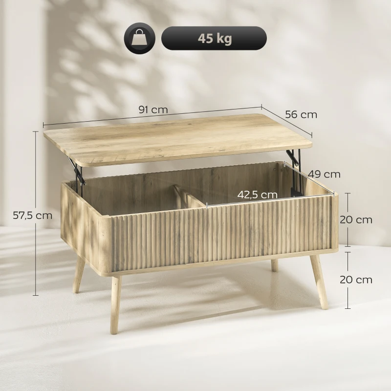 HOMCOM Table basse relevable, table de salon avec 2 compartiments cachés et pieds en pin, 91 x 56 x 43 cm, chêne