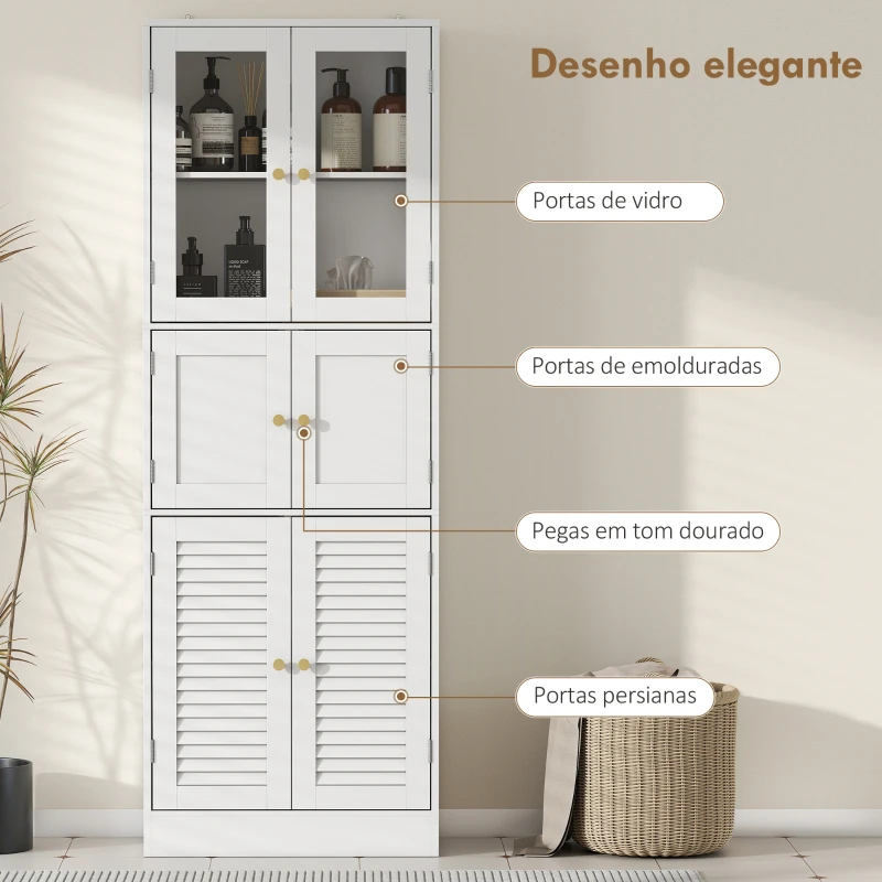 HOMCOM Armário de Casa de Banho Alto com Portas de Vidro Portas de Ripas e Prateleiras Ajustáveis 60x30x170 cm Branco