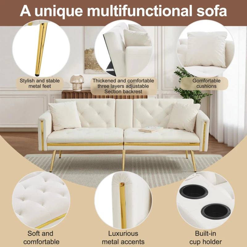 Two-seater Sofa Bed with 3-Position Adjustable Backrest, Concealed Cup Holders, Daybed for Compact Room, 174L x 76W x 71.5H cm, White