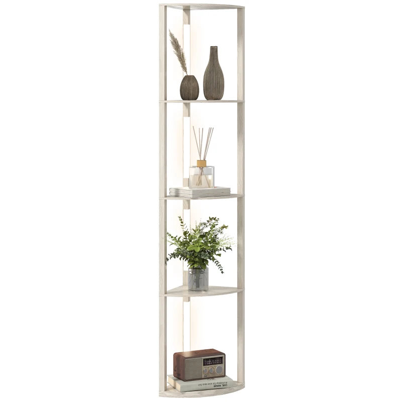 HOMCOM Lampa stojąca LED, regał narożny, ściemnialna, 4 półki, ciepłe światło, 41x30x164 cm, dąb