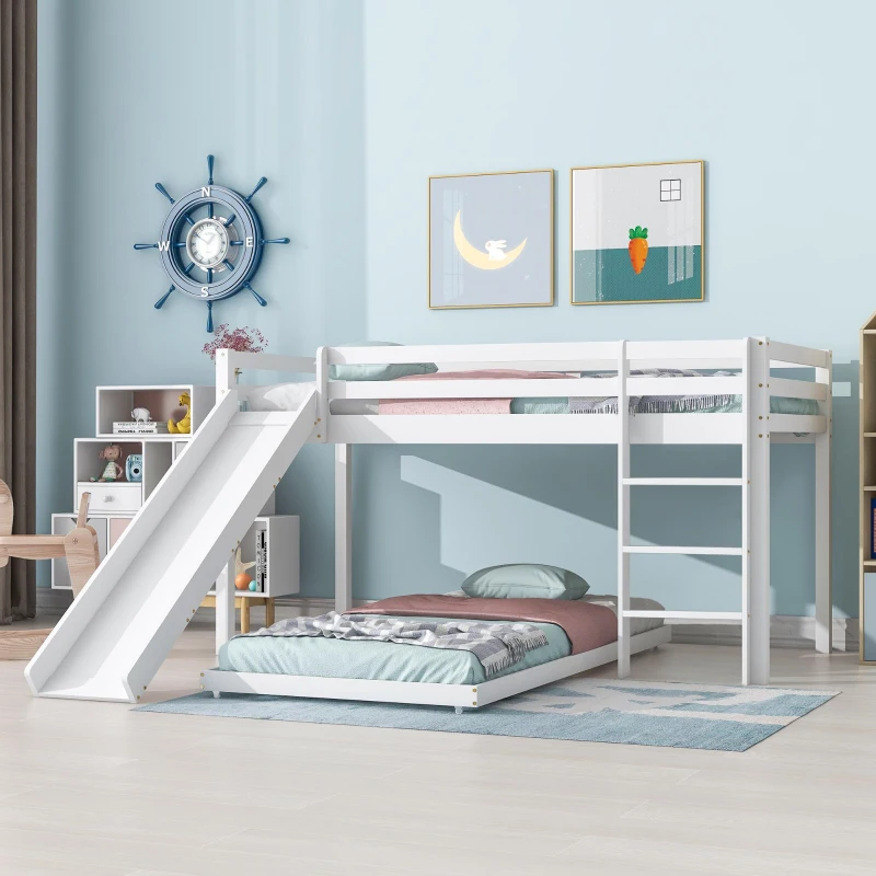 Children's Cabin Bunk Bed with Slide and Ladder, Space-Saving Customisable Layout, Adjustable Tier for Living Room, 207L x 215W x 110H cm, White