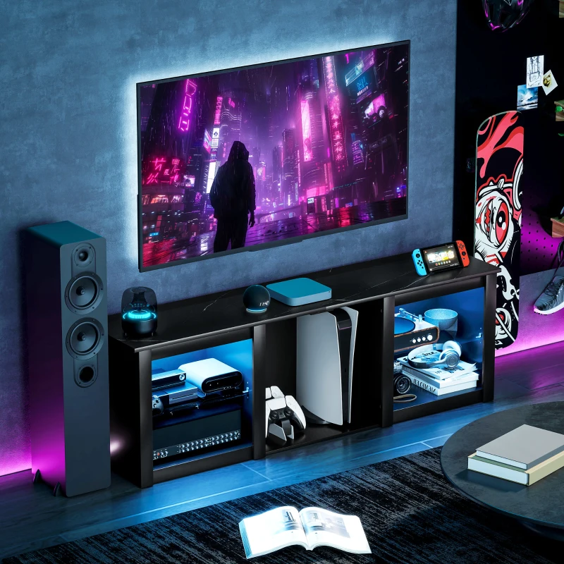 HOMCOM Meuble TV avec éclairage LED pour télévision jusqu'à 65 pouces, 160cm avec étagères en verre réglables, noir