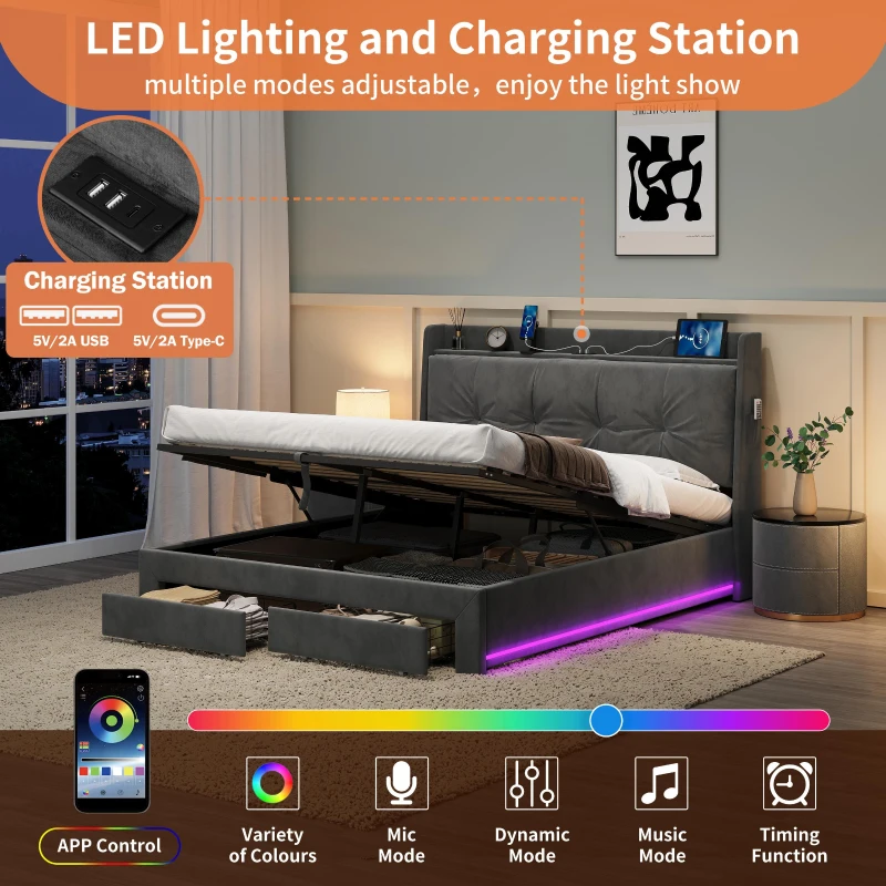Double Ottoman Upholstered Bed Frame with Hydraulic Storage, 2 Drawers, Side Pockets, Headboard for Living Room, 203L x 138W x 111H cm, Grey