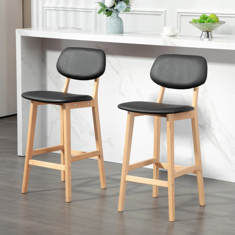 HOMCOM Lot de 2 tabourets de bar, chaises hautes, revêtement synthétique avec dossier et pieds en bois, noir