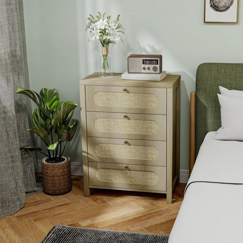 HOMCOM Commode 4 tiroirs meuble de rangement style bohémienne avec portes résine tressée, 70 x 38 x 93 cm, effet bois naturel